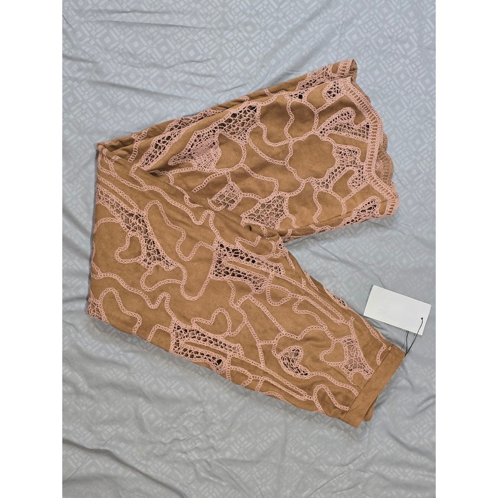 NWT ZARA‎ Brown Faux Suede Chain Lace Overlay Wide Leg Pants Size S